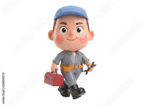 Cartoon mechanic character walking with toolbox and wrench on white background