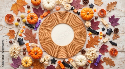Autumn flat lay composition with pumpkins and candy on rustic wood, halloween concept, copy space