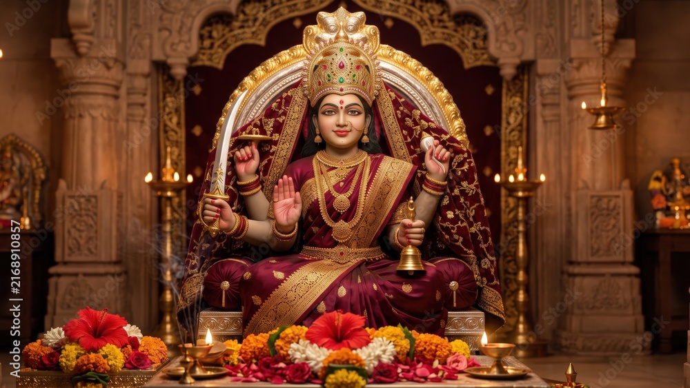 Fototapeta premium Chamunda Mata — Regal Goddess Idol in Maroon and Gold Temple Sanctum