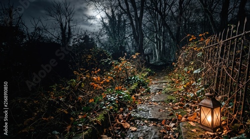 Mysterious lantern illuminates a moody nighttime path in an eerie, overgrown forest, halloween concept, copy space