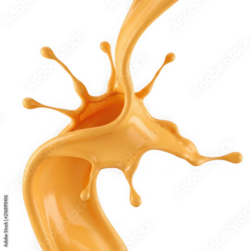 Creamy caramel or peach yogurt splash isolated on white background