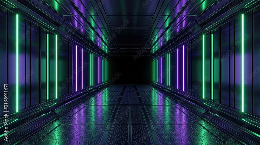 Naklejka premium Futuristic Sci-Fi Corridor with Neon Green and Purple Lights, Dark Metallic Tunnel 3D Render