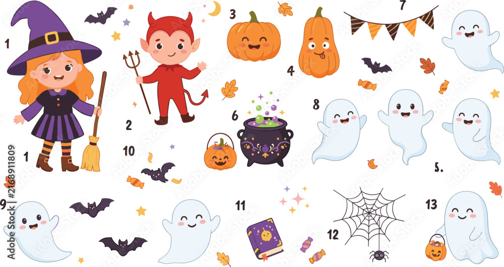 Fototapeta premium Cute Halloween Vector Character and Icon Set with Witch Devil Ghosts Pumpkins Witch Cauldron and Spooky Decorative Elements for Children Holiday Designs
