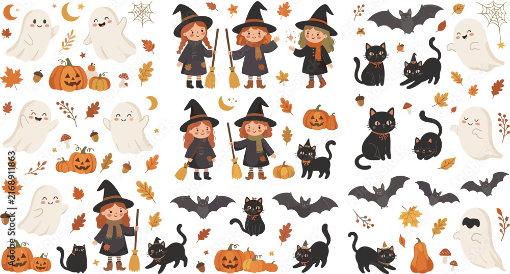 Fototapeta premium Cute Halloween Vector Character and Icon Set with Witch Devil Ghosts Pumpkins Witch Cauldron and Spooky Decorative Elements for Children Holiday Designs