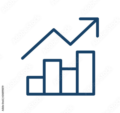 Rising chart icon, line art upward bar graph and arrow symbol, business growth, positive trend and financial success concept flat vector illustration on white background.
