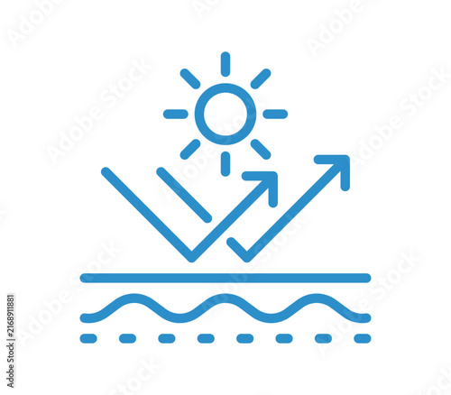 UV protection icon, line art ultraviolet ray and solar exposure symbol, skin protection, sun safety, dermatology care and health prevention concept flat vector illustration on white background.