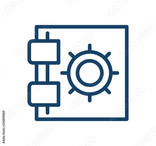 Safe deposit box icon, line art vault and gear settings symbol, secure banking, financial protection and asset management concept flat vector illustration on white background.
