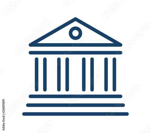 Bank building icon, line art classical column facade symbol, finance, government and financial institution concept flat vector illustration on white background.