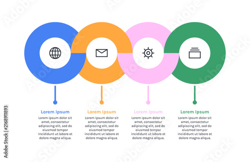 Contact information infographic template, colorful web globe, email, settings and briefcase icons, business process workflow steps concept flat vector illustration on white background.
