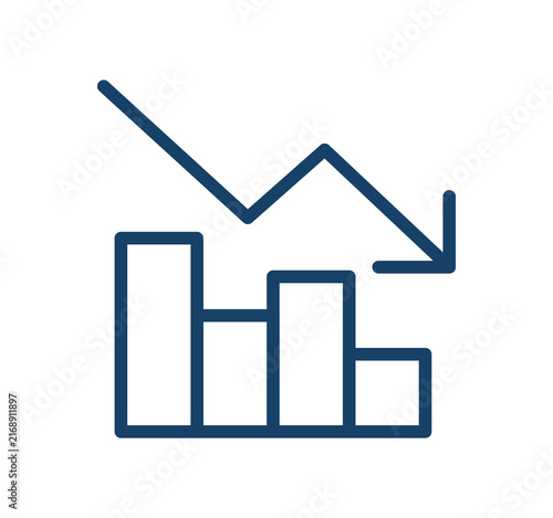 Declining chart icon, line art downward bar graph and arrow symbol, business loss, negative growth and financial recession concept flat vector illustration on white background.