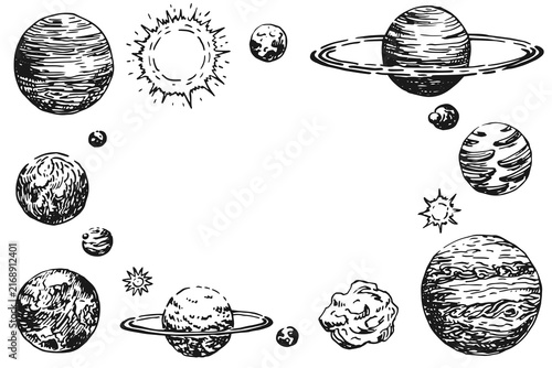 Frame of space objects, planets, stars, asteroids, galaxy. Hand drawn vector illustration.