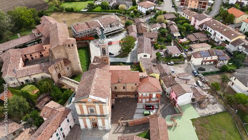 Canvastavla Calendasco village with Castello di Calendasco and San Nicometa church, historic