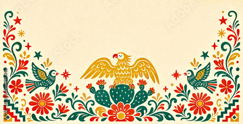 Mexican Folk Art Background with Eagle, Cactus, Floral Border and Copy Space for Independence Day
