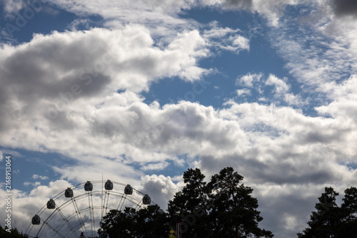 Ferris wheel silhouetted against a dramatic blue sky filled with large white clouds, viewed above a lush green park. Atmospheric outdoor amusement park scene with strong contrast between the dark tree