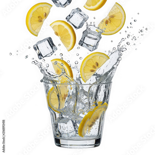Lemon slices and ice cubes splashing into a glass of water on a white background