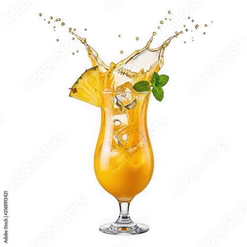 Pineapple cocktail with ice and splash isolated on white background