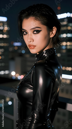 Extreme close-up of a woman's mysterious gaze on a dark rooftop with her shiny latex shoulder blurred in the foreground.