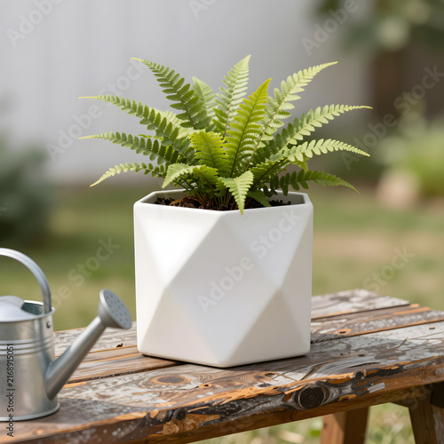 Still-life of a recycled plastic planter on a rustic outdoor bench.