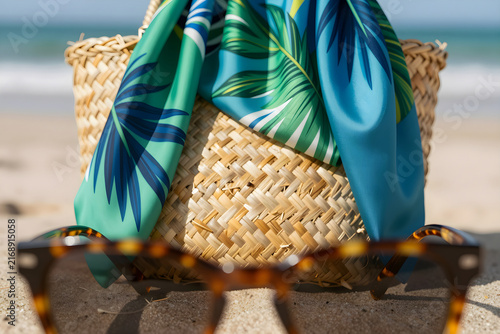 Extreme close-up of a printed silk resort dress fabric overlapping a woven straw bag.