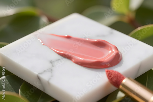 Extreme close-up of a glossy, vibrant liquid blush smear on a marble slab.