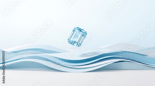 Aquamarine gemstone floating above abstract blue wavy layers