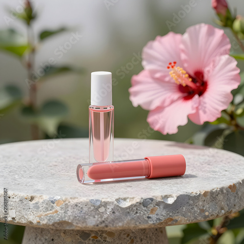 Still-life of a sleek lip oil bottle and liquid blush resting on a stone garden table.