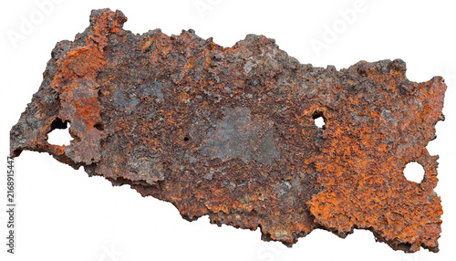 A heavily corroded and pitted piece of old iron sheet with rust texture on an isolated white background