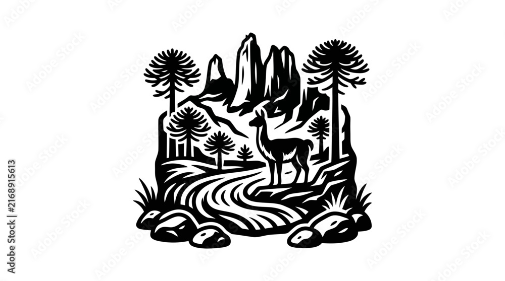 Naklejka premium Llama in mountain landscape with araucaria trees linocut.