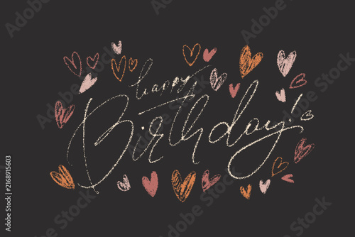Rectangular greeting card design with colorful crayon drawings featuring hand lettering Happy Birthday surrounded by hand drawn hearts. Textured vector artwork for birthday celebrations, party