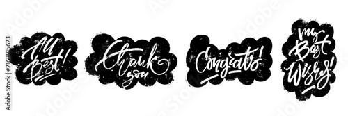 Set of hand lettered greeting phrases including All Best , Thank You , Congrats and My Best Wishes on distressed black shapes. Hand drawn vector lettering collection for cards, invitations, stationery