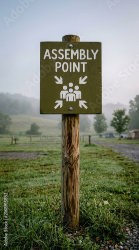 Assembly Point Sign In A Misty Rural Field