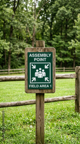Assembly Point Sign In A Scenic Outdoor Setting Ready For Safety Briefings