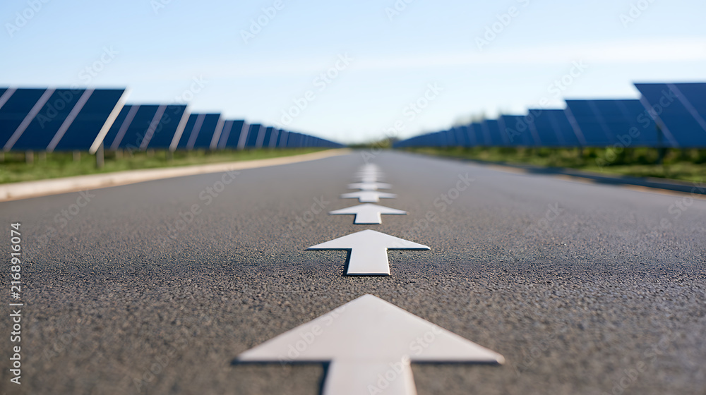 Fototapeta premium A forward arrow on an asphalt road leading towards a renewable energy solar farm plant installation under a clear blue sky during the day
