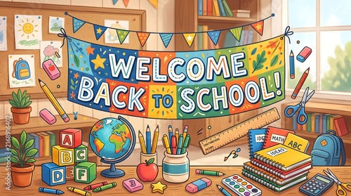 Colorful back to school banner with globe, books, and supplies on bright desk