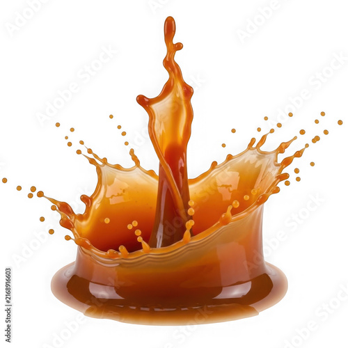 Caramel sauce splash isolated on white background, liquid brown syrup crown explosion.
