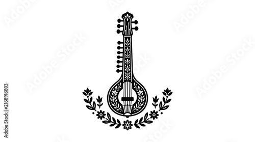 Cuadro en lienzo Traditional Indian sitar surrounded by floral wreath icon.