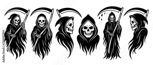 Bild auf Leinwand Grim Reaper Icons Collection Death Personification with Scythe Skeleton Figures