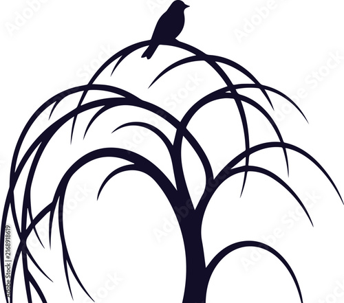 Black bird perched on bare tree branches against white background minimalist illustration