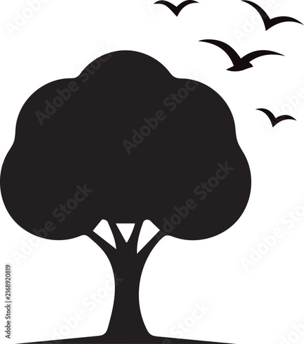 Large Tree Silhouette with Flying Birds, Nature Landscape Black Vector Illustration