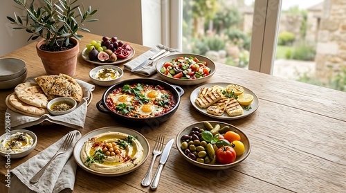 Healthy mediterranean breakfast spread with shakshuka on wood table