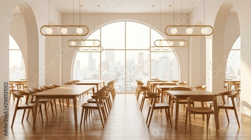 Modern stylish cafeteria interior with wooden chairs and tables near a large window.
