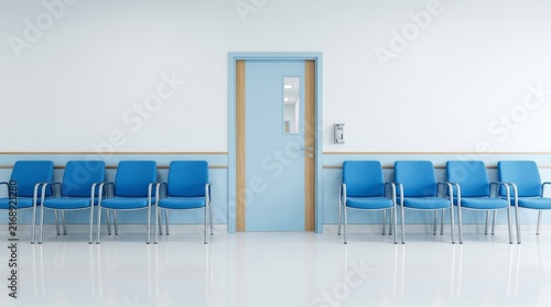 Blue chairs lined up in an empty hospital corridor waiting room.