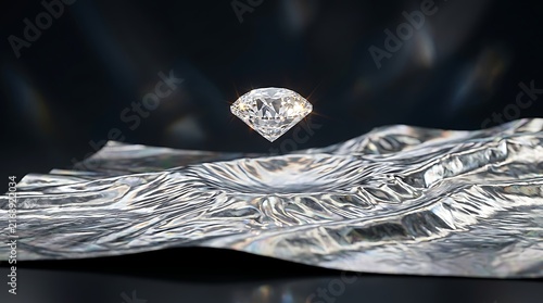 Cut diamond hovering above a crumpled metallic silver surface