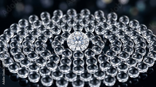 Cut diamond surrounded by concentric circles of clear glass spheres