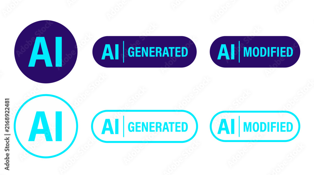 Fototapeta premium AI Generated AI Modified Dark Blue Cyan Badge Label Icon Set Vector Artificial Intelligence Content Disclosure Stamp Sticker Flat Outline Style Collection