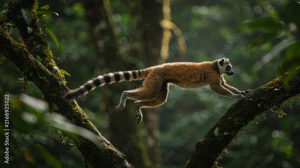 Naklejka premium A ring tailed lemur leaping between branches in a lush tropical forest.