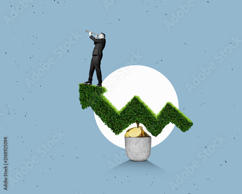 Canvastavla An arrow made of fresh green leaves and a businessman with a telescope looking ahead