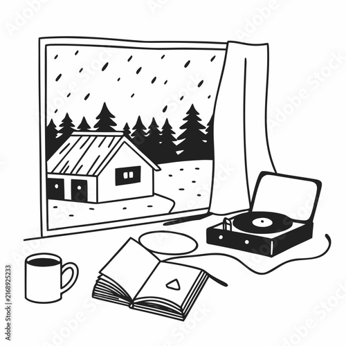 Autumn retreat, cozy indoor scene, reading a book, listening to vinyl, rainy window view