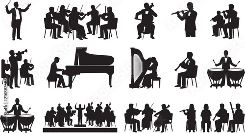 Classical orchestra and musician silhouettes featuring conductors and instrumentalists playing various musical instruments in a concert setting