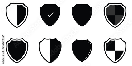 Modern isolated shield icon set on white background. Vector safety label icons set on white background. Isolated safety check element set on white page. EPS 10. 